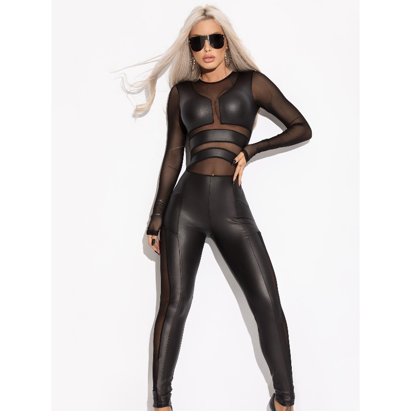 Leather Work Overalls - Krisnanas Lederen Jumpsuit Split-Joint Mesh O-hals